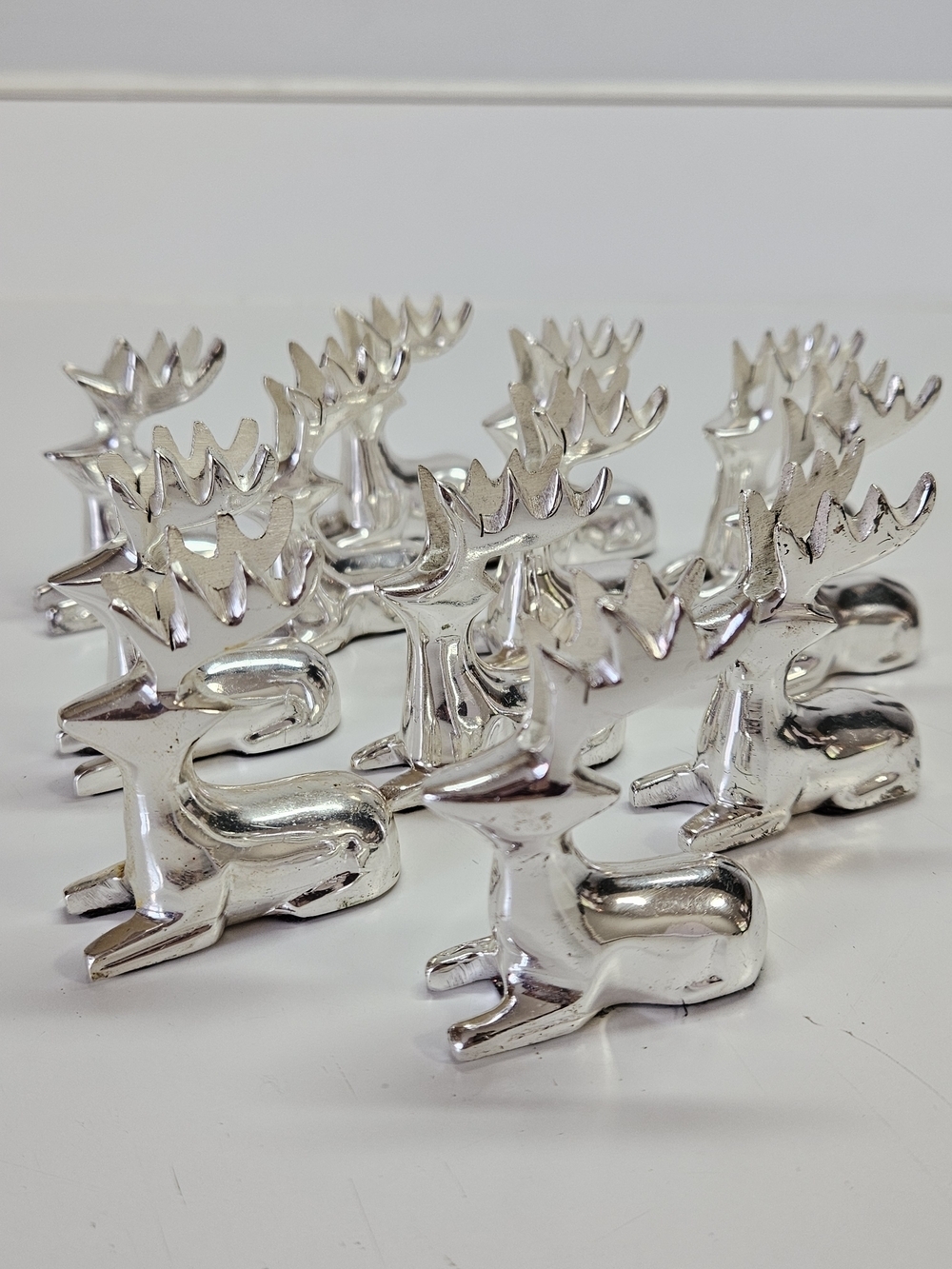 VINTAGE Silver Plate Reindeer Placecard Card Holders Set of 12 Made in India